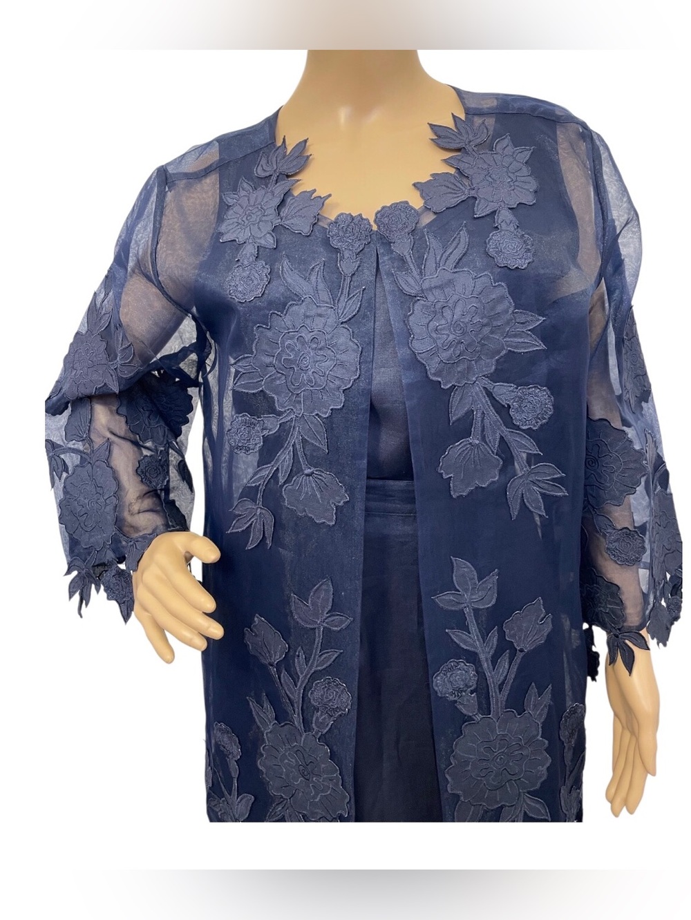 Donna Vinci Women's Navy Blue Skirt Suit with Applique Embroidery Jacket,12 - Picture 3 of 10